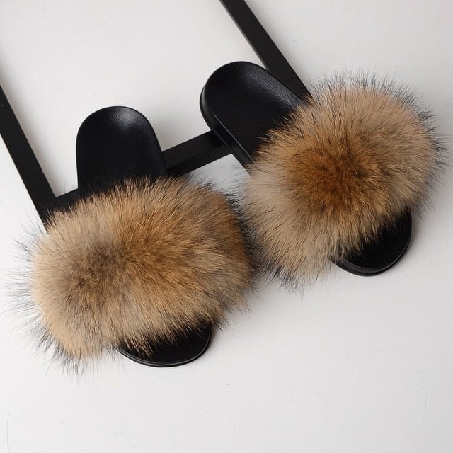 Brown Fur Slides Fluffy Women's Mink Fur Slippers