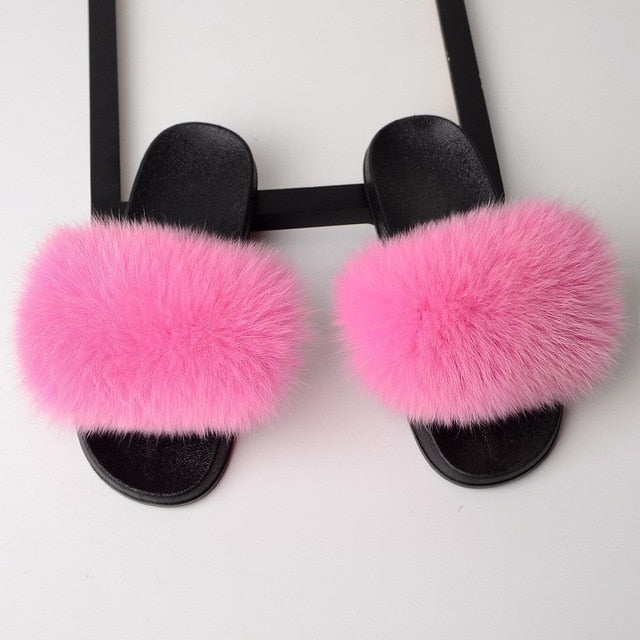 Real Fox Fur Slides Black Fluffy Slides Rubber Fur Sandals 