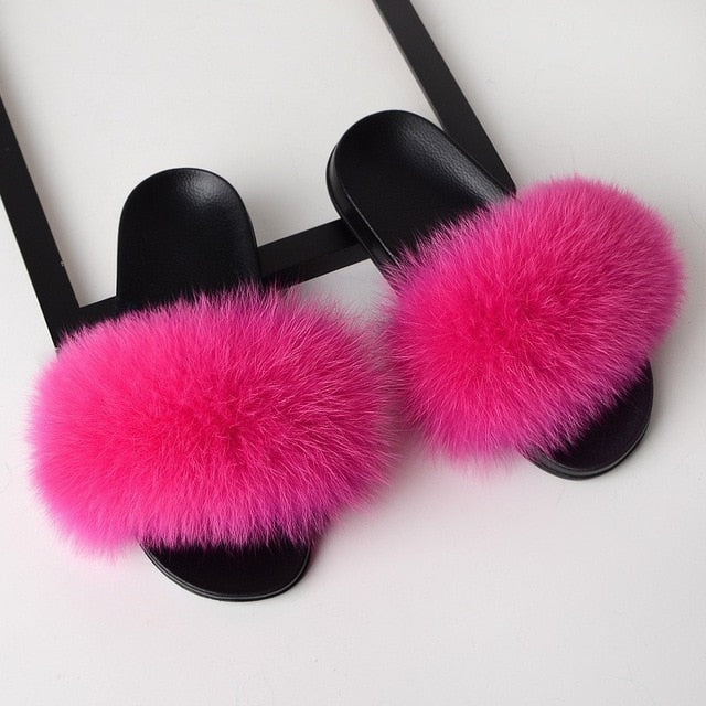 Pink Fox Fur Slides Fluffy Slides Rubber Fur Sandals Real 